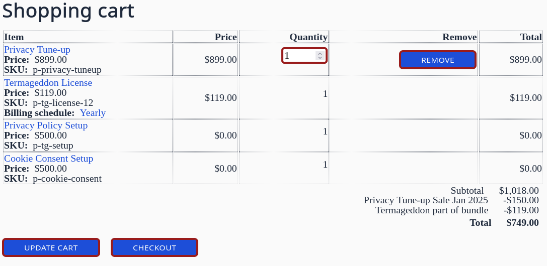 Shopping cart showing one editable line for a Privacy Tune-up product, and 3 read-only lines below with other products