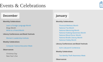 Events and Celebrations automatic block, showing this month (December) and next month (January) from a perpetual calendar, automatically updated