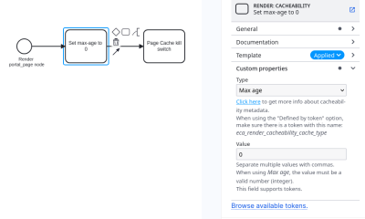 ECA model showing a portal page event, the detail around setting the max-age cache header to 0, and the page cache kill switch.