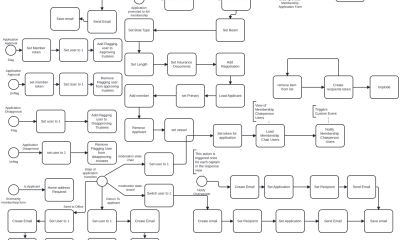 Flowchart with interconnected boxes and decision paths.