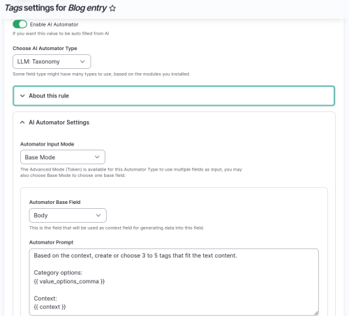 Configuring an automator for tags