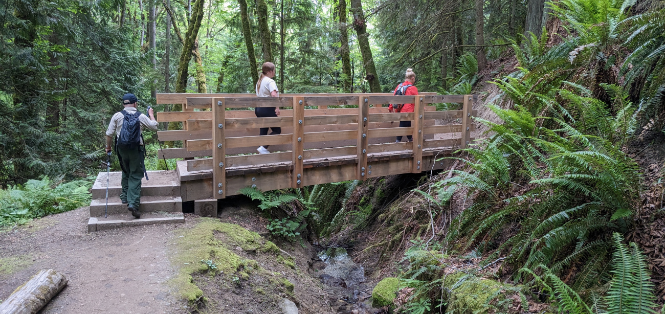Hikers cross a bridge