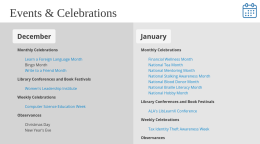 Events and Celebrations automatic block, showing this month (December) and next month (January) from a perpetual calendar, automatically updated