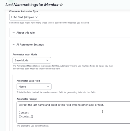 Settings interface with automation type and prompt options.